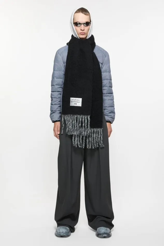 Acne Studios Fringed Scarf Logo Label Blackgrey Man Scarves