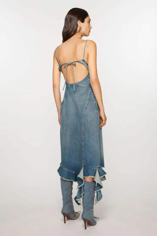 Acne Studios Ruffle Strap Denim Dress Mid Blue Woman Dresses
