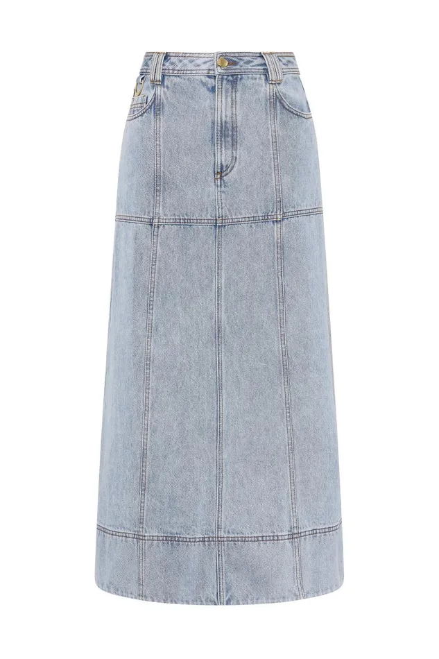 Aje Denim Aura Denim Midi Skirt Sea Spray Wash 8211 Women