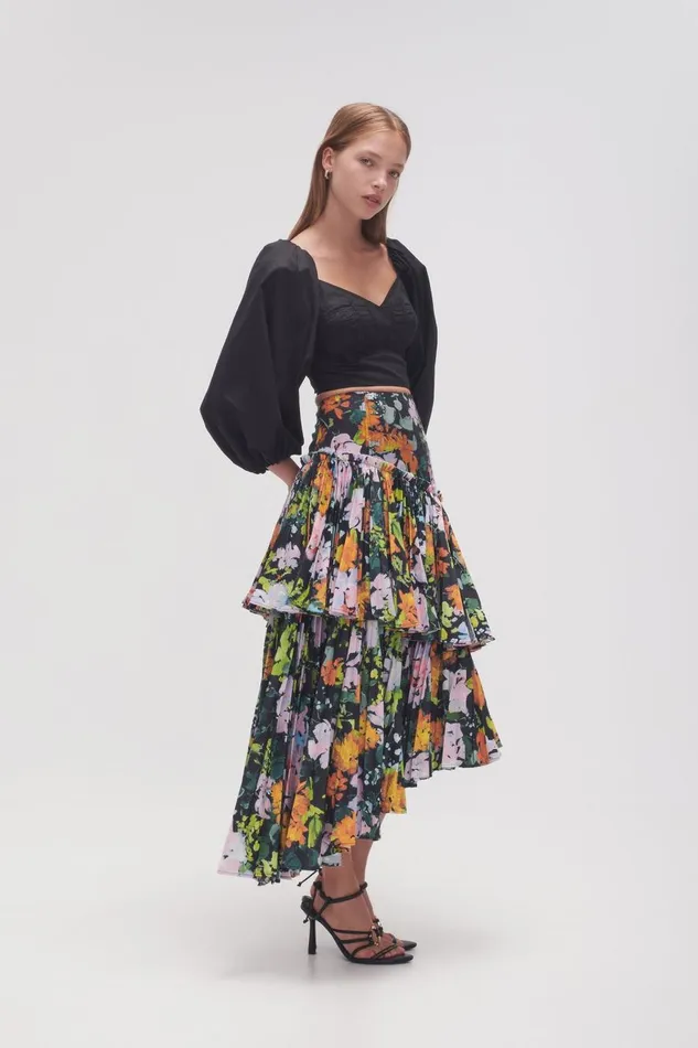 Aje Skirts Alice Pleated Asymmetric Midi Skirt Midnight Floral 8211 Women