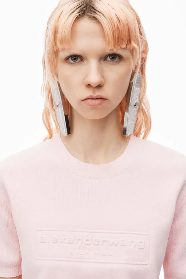 Alexander Wang Sweaters Women Logo Embossed Short Sleeve Ribbed Pullover In Soft Chenille