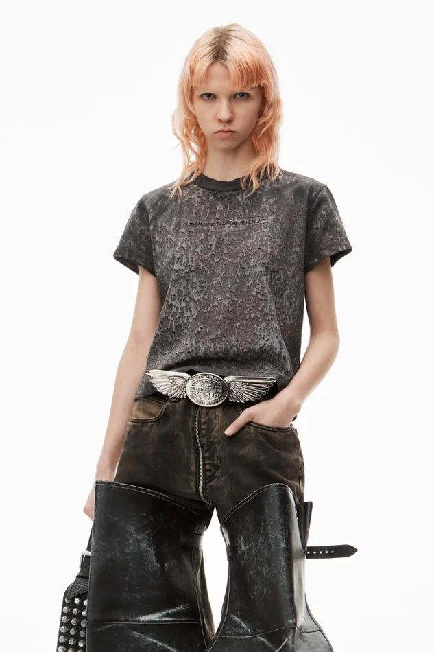 Alexander Wang TShirts Women Logo Embossed Splatter Wash Shrunken Tee In Cotton Hemp Jersey