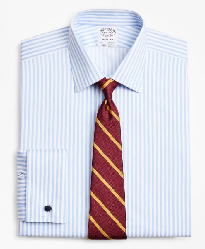 Brooks Brothers Dress Shirts Stretch Regent Fitted Dress Shirt NonIron Twill Ainsley Collar French Cuff Bold Stripe Light Blue 8211 Men