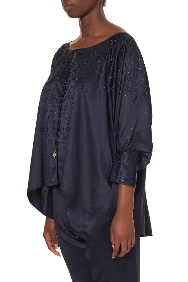 Camilla Modest Clothing Women Raglan Sleeve Button Up Top Luxe Navy