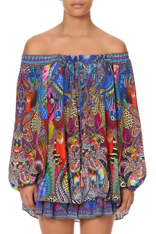 Camilla Tops Women Neck Tie Gathered Blouse Psychedelica