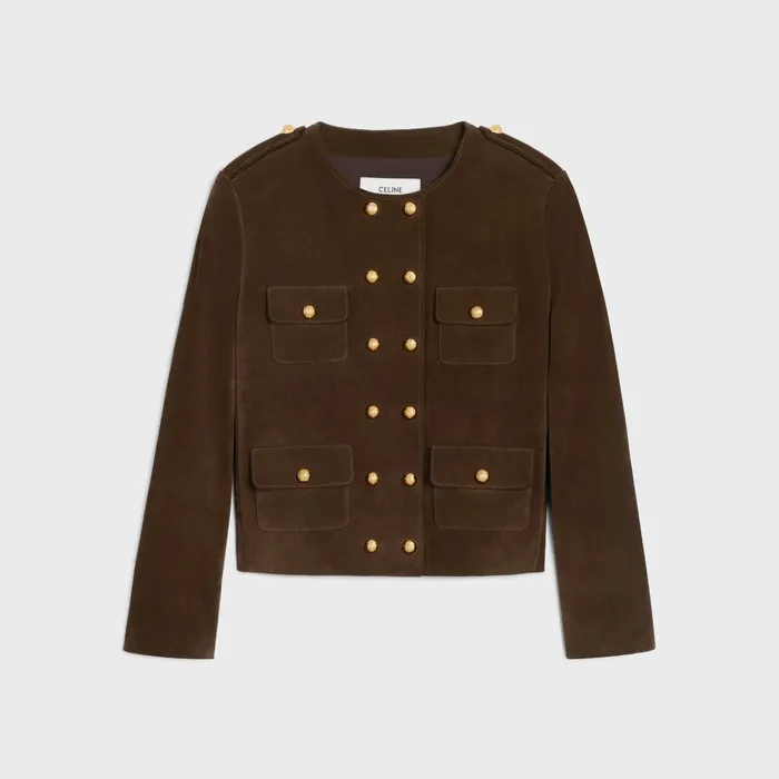 Cardigan Jacket In Split Calfskin Espresso Women CELINE LEATHER AND SHEARLING