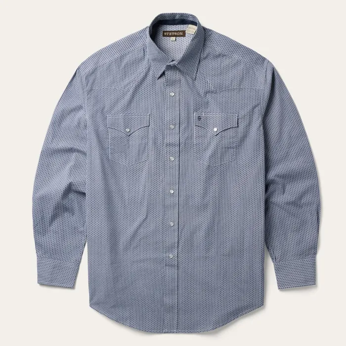 Classic Cut Men Stetson Blue Deco Geo Print Western Shirt Blue