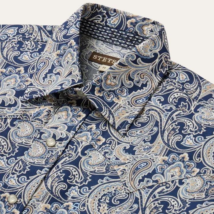 Classic Cut Men Stetson Greenspring Paisley Short Sleeve Western Shirt Blue