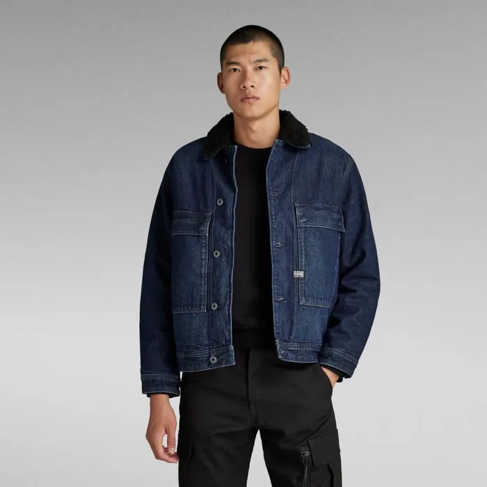 Denim Jackets Men GStar RAW Utility Flap Pocket Sherpa Jacket Worn In Kingfisher