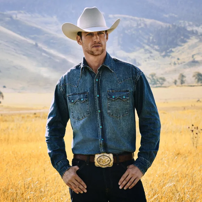 Denim Shirts Men Stetson Turquoise Snap Western Denim Shirt Blue