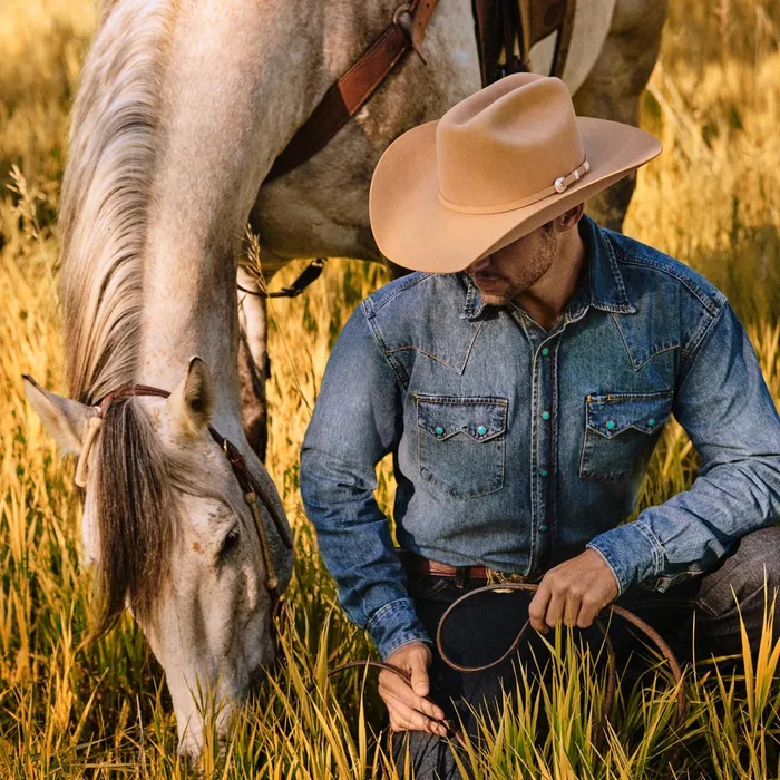 Denim Shirts Men Stetson Turquoise Snap Western Denim Shirt Blue