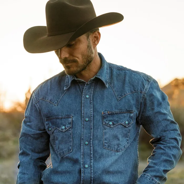 Denim Shirts Men Stetson Turquoise Snap Western Denim Shirt Blue