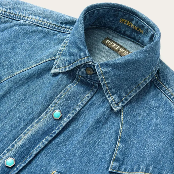 Denim Shirts Men Stetson Turquoise Snap Western Denim Shirt Blue