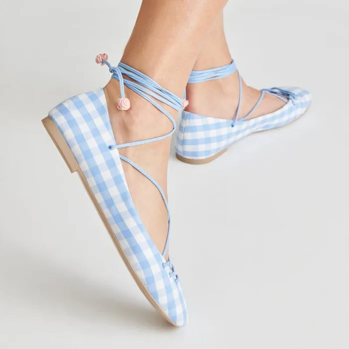Dolce Vita Beate Ballet Flats White Blue Gingham Women Flats and Loafers