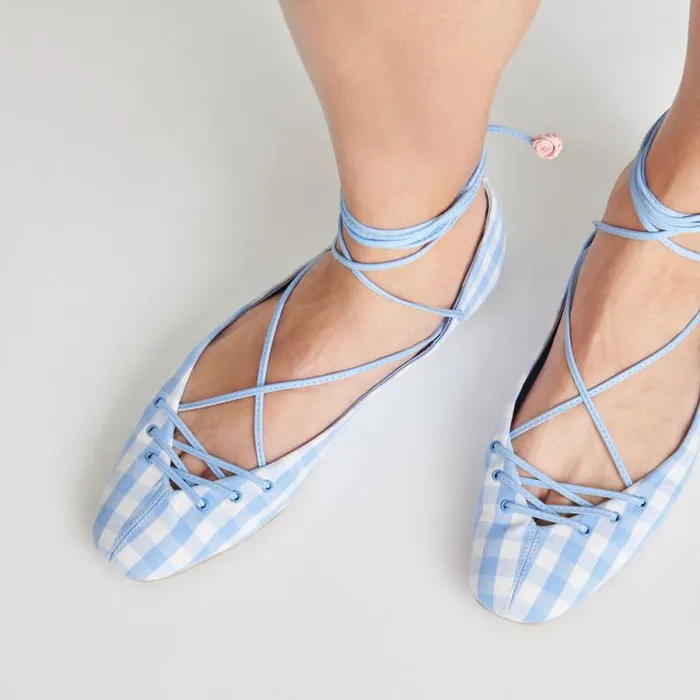 Dolce Vita Beate Ballet Flats White Blue Gingham Women Flats and Loafers