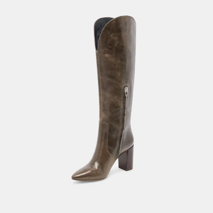 Dolce Vita Nedi Wide Calf Boots Dark Olive Leather Women Boots and Booties