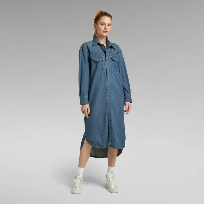 Dresses Women GStar RAW Long Western Shirt Dress Evergreen Antique Faded Scuba Blue