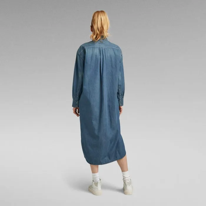 Dresses Women GStar RAW Long Western Shirt Dress Evergreen Antique Faded Scuba Blue