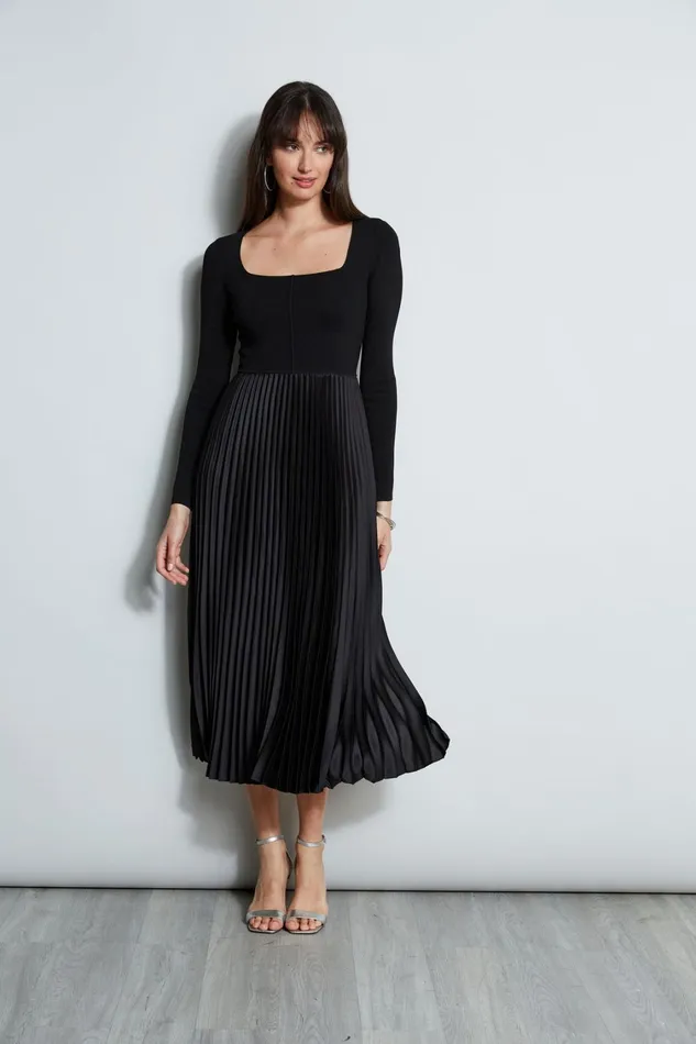 Elie Tahari Long Sleeve Dresses Square Neck Pleated Midi Dress Noir 8211 Women