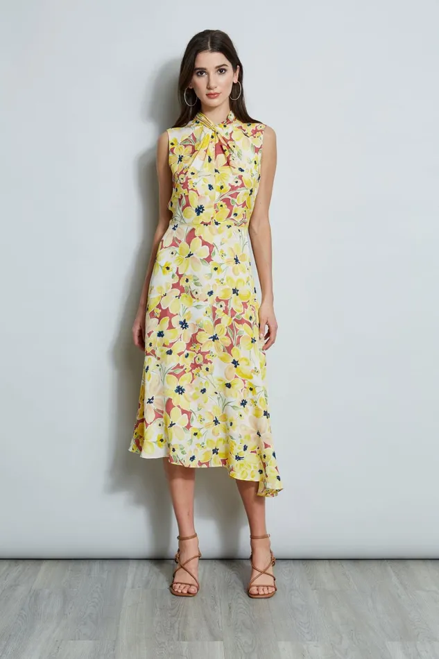 Elie Tahari Midi Dresses Floral Silk Twist Neck Dress Watercolor Blooms 8211 Women