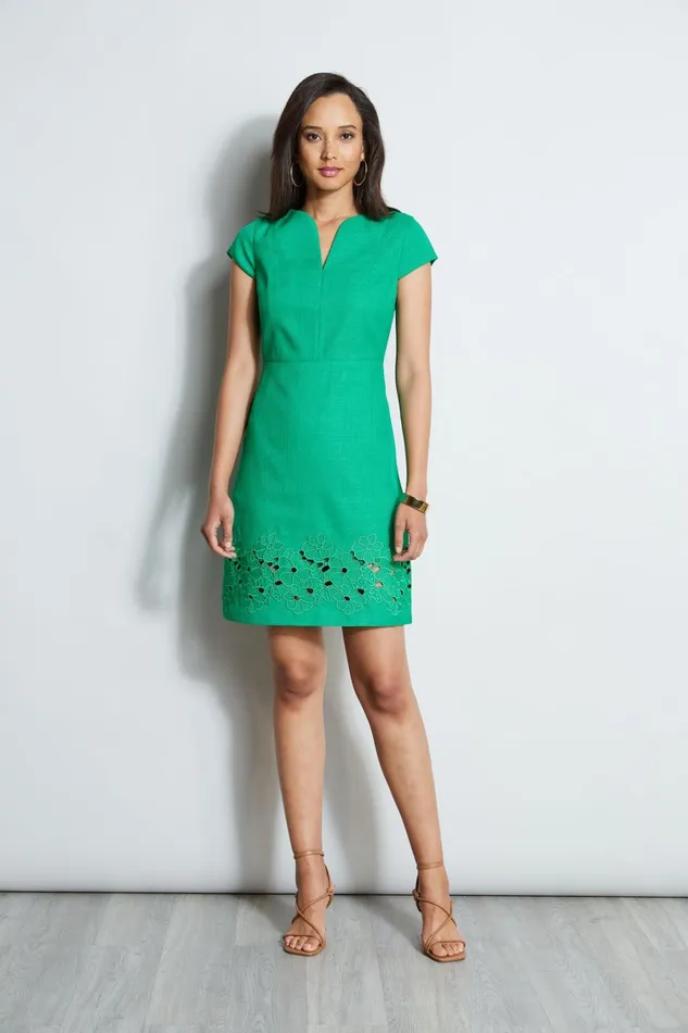 Elie Tahari Short Dresses Short Sleeve Embroidered Hem Dress Palm Leaf 8211 Women