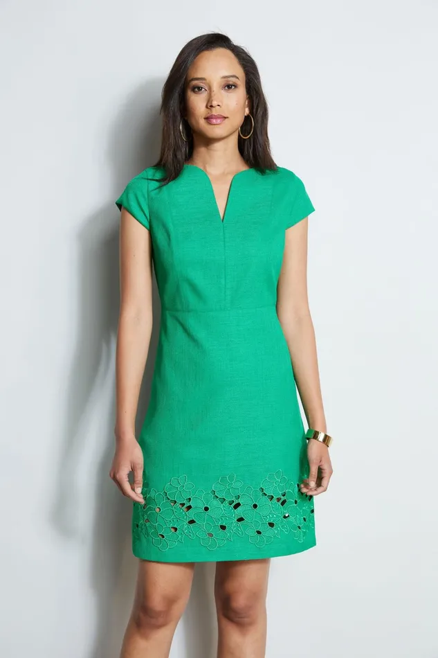 Elie Tahari Short Dresses Short Sleeve Embroidered Hem Dress Palm Leaf 8211 Women