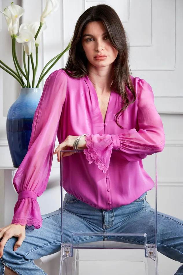 Elie Tahari Tops Embroidered Sleeve Blouson Shirt Peony 8211 Women