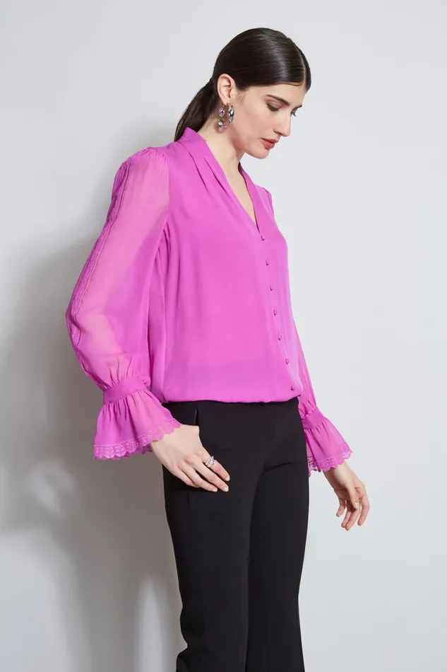Elie Tahari Tops Embroidered Sleeve Blouson Shirt Peony 8211 Women