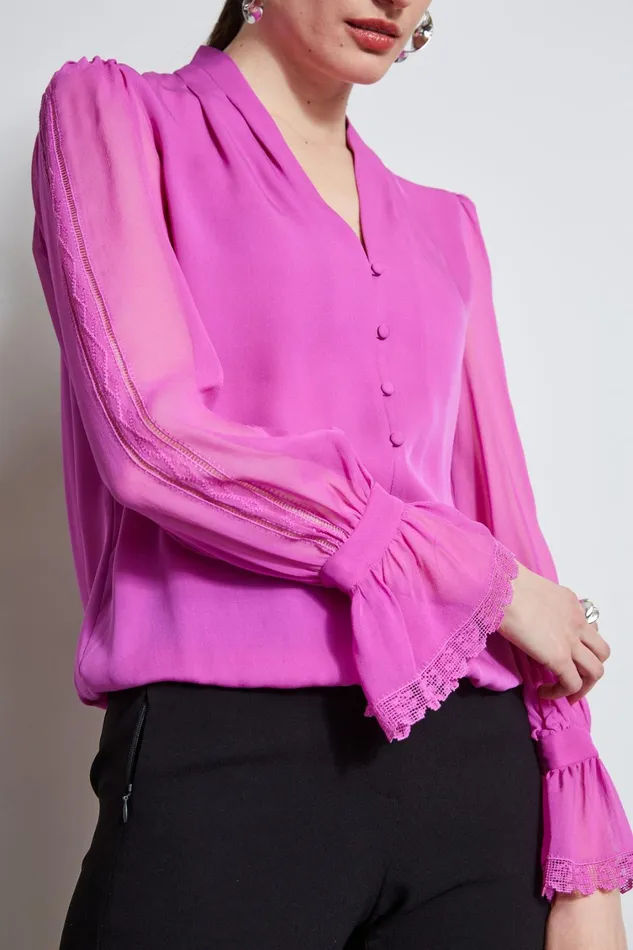 Elie Tahari Tops Embroidered Sleeve Blouson Shirt Peony 8211 Women