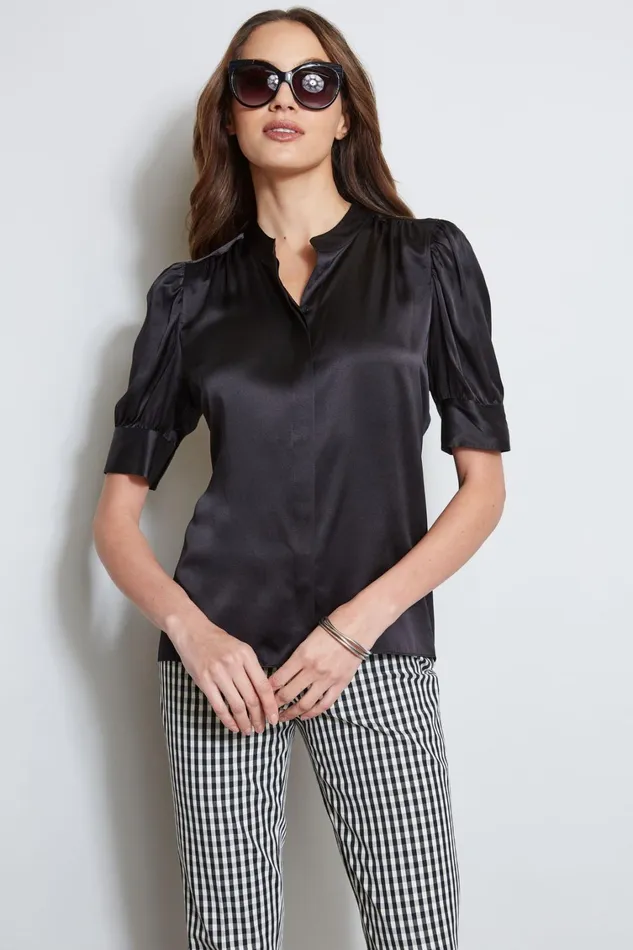 Elie Tahari Tops Silk Satin Ruched Sleeve Shirt Black 8211 Women