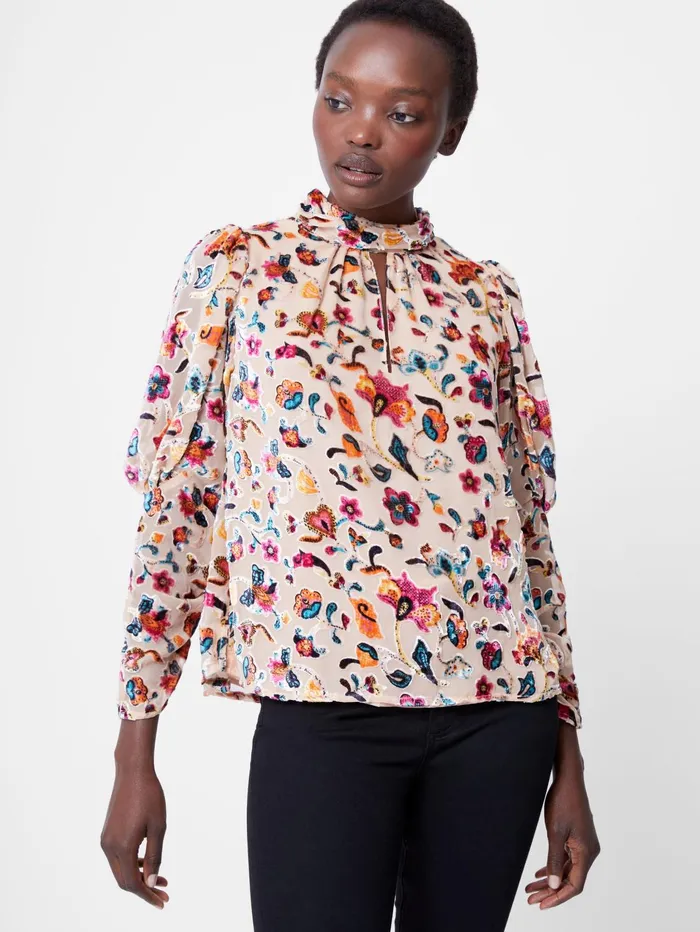 French Connection Avery Devore Gathered Collar Keyhole Top Toasted Almond Woman Tops