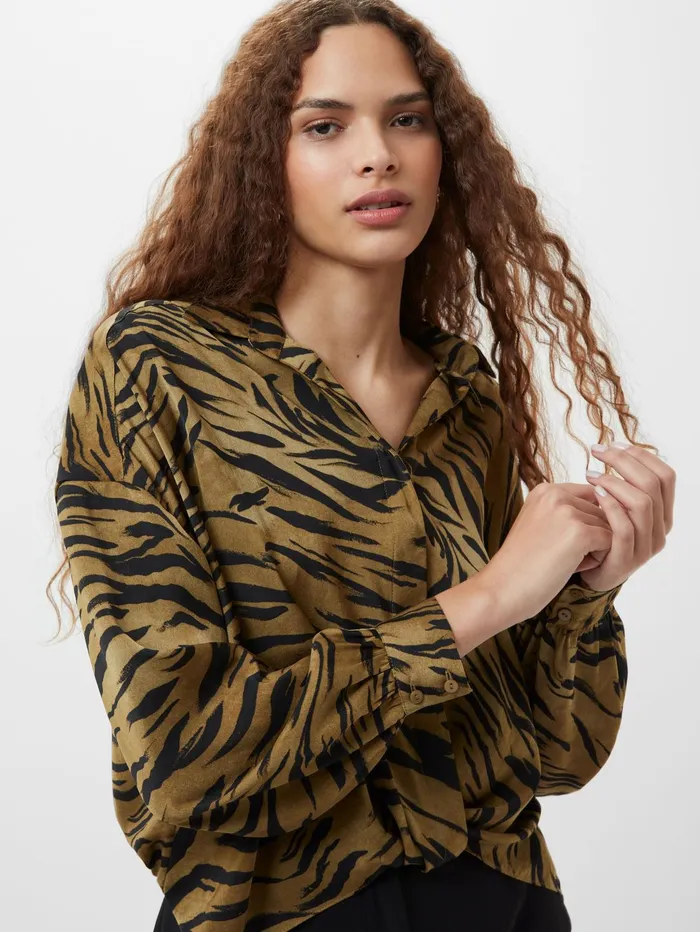 French Connection Damasco Adeline Print Tuck Shirt Golden Olive Khaki Woman Tops