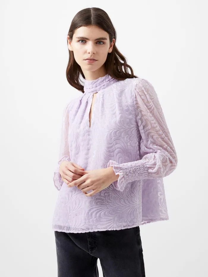 French Connection Diandra Devore Long Sleeve High Neck Top Orchid Petal Woman Tops