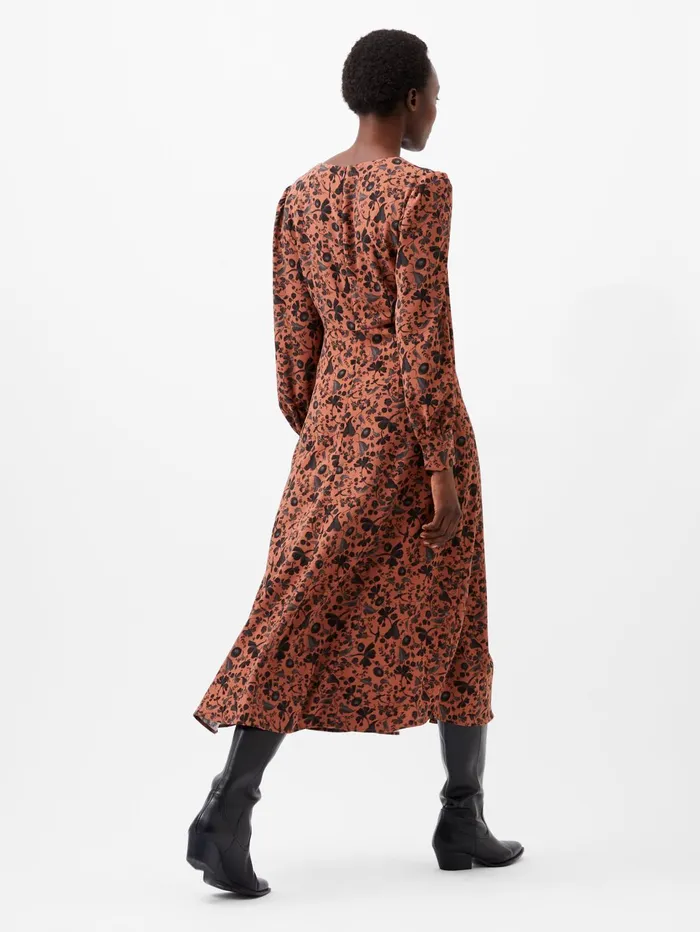 French Connection Jeanie Brina Crepe Midi Dress Russet Brown Multi Woman Dresses