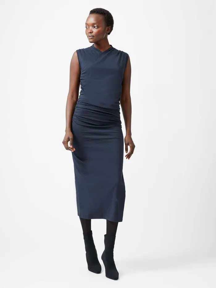 French Connection Rallie Cross Over Neck Ruched Midi Dress Navy Woman Dresses