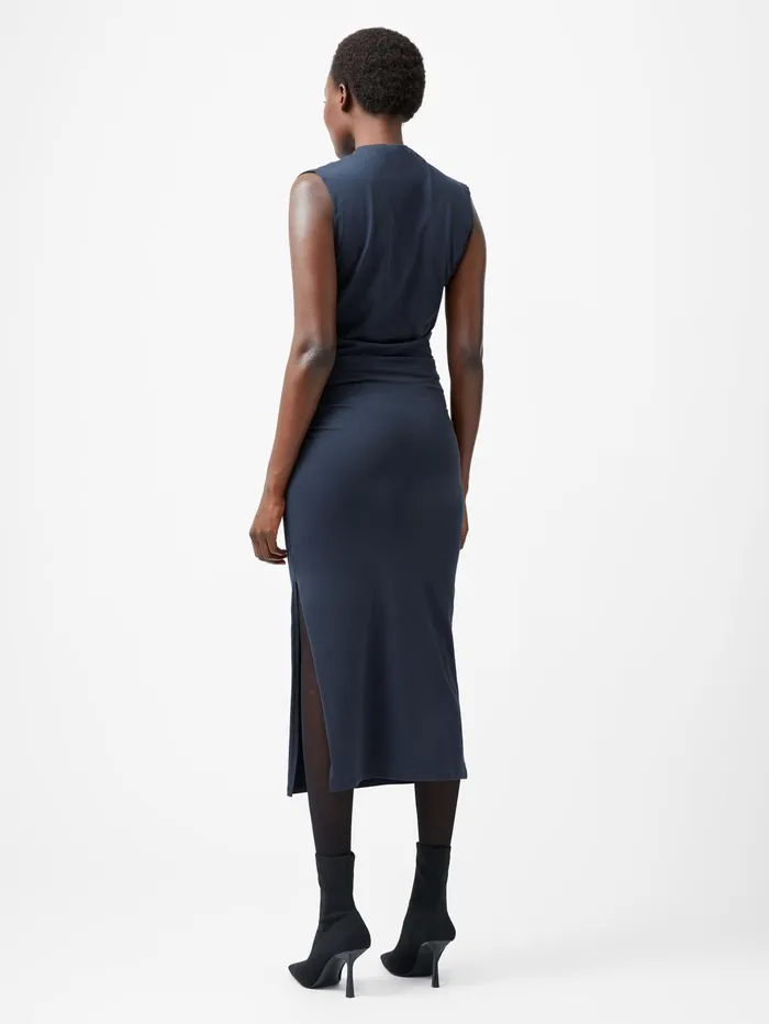 French Connection Rallie Cross Over Neck Ruched Midi Dress Navy Woman Dresses
