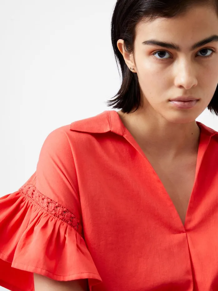 French Connection Sindey Cotton Short Sleeve Popover Shirt Cayenne Red Woman Tops