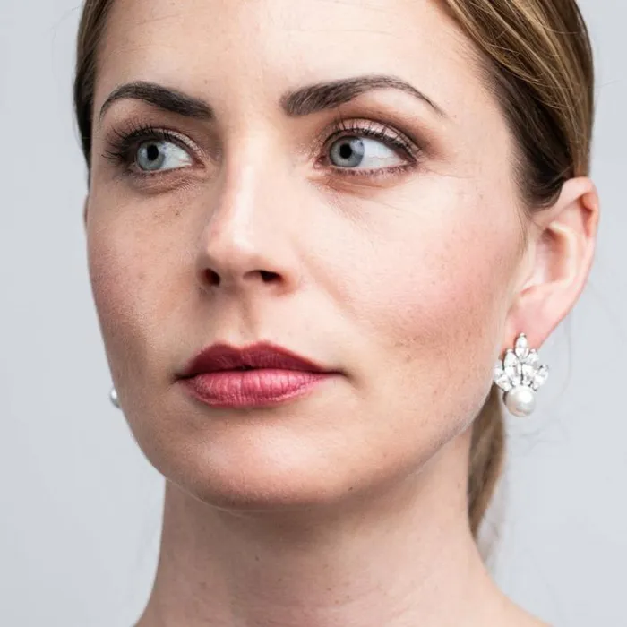 Kenneth Jay Lane Clear Crystal Earrings Women Crystal And White Pearl Fan ClipOn Earrings