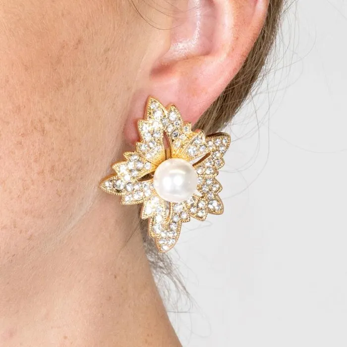 Kenneth Jay Lane Clear Crystal Earrings Women Flower Pearl Clip Earrings