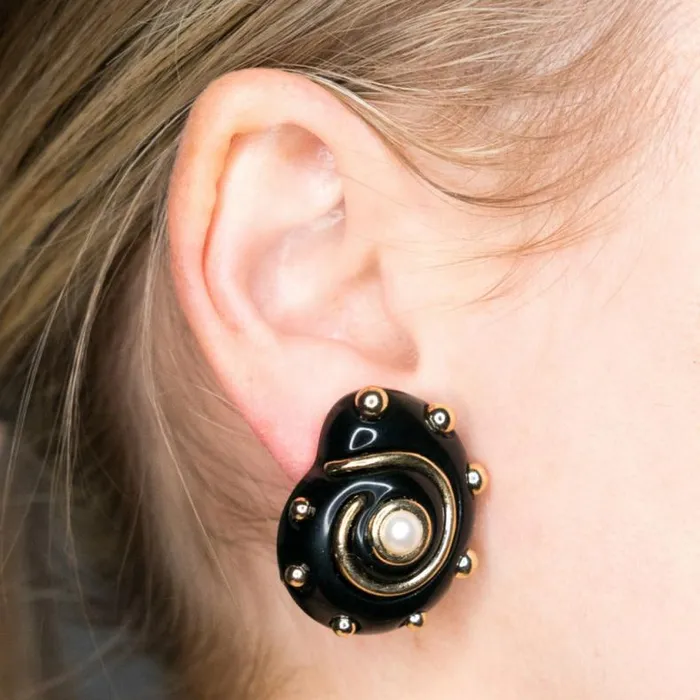 Kenneth Jay Lane Dark Color Earrings Women Black With Gold Dots And Pearl Center Shell Clip Earrings