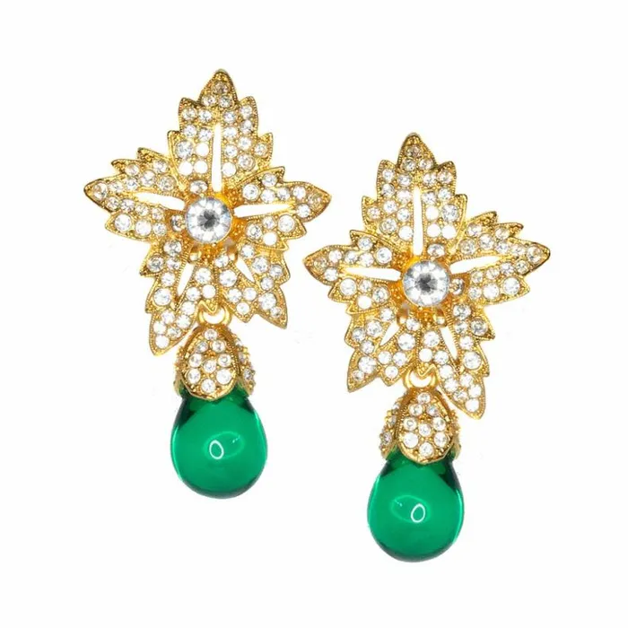 Kenneth Jay Lane Dark Color Gem Earrings Women Flower Top Emerald Teardrop Clip Earrings