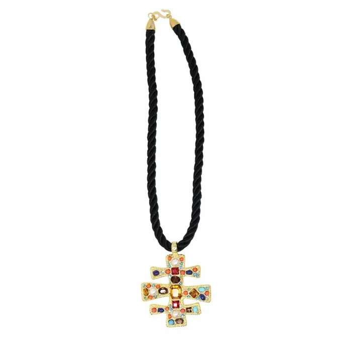 Kenneth Jay Lane Dark Color Gem Necklaces Women Black Cord Satin Gold Multi Gem Pendant Kenneth Jay Lane Dark Color Gem Necklaces Women Black Cord Satin Gold Multi Gem Pendant