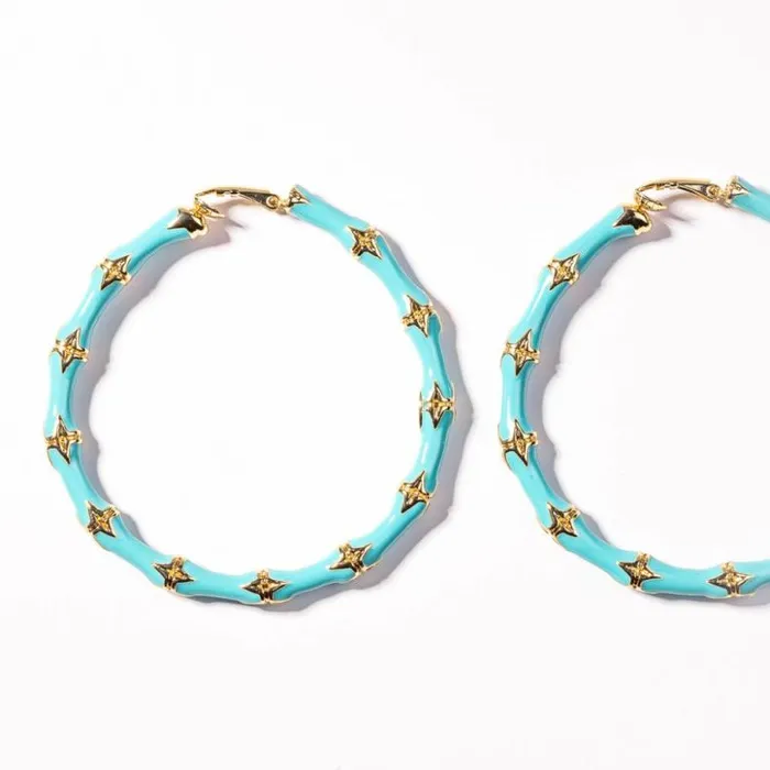 Kenneth Jay Lane Light Color Earrings Women Large Turquoise Bamboo ClipOn Hoop Earrings