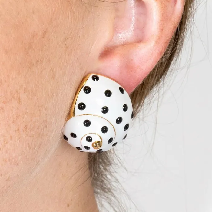 Kenneth Jay Lane Light Color Earrings Women White With Black Dots Shell Clip Earrings
