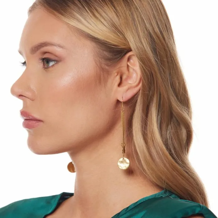 Kenneth Jay Lane Metallic Finish Earrings Women Gold Chain 3 Row Gold Coin Drop Earring