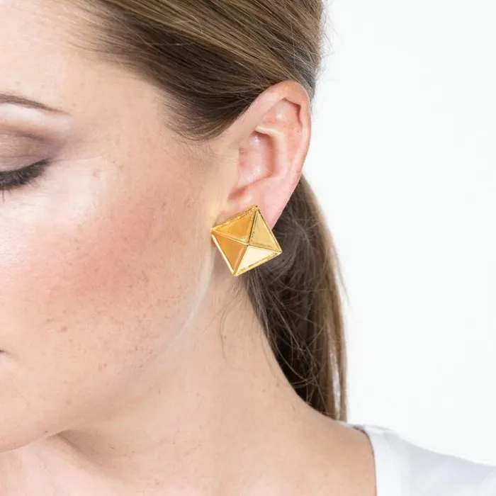 Kenneth Jay Lane Metallic Finish Earrings Women Satin Gold Pyramid Clip Earrings