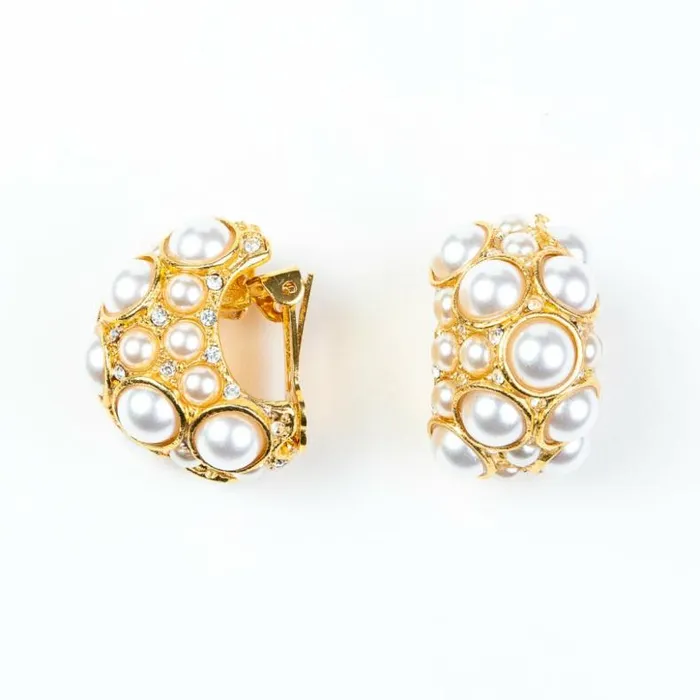 Kenneth Jay Lane Pearl Earrings Women Gold And Crystal Clip Earrings With Pearl Cabochons Kenneth Jay Lane Pearl Earrings Women Gold And Crystal Clip Earrings With Pearl Cabochons