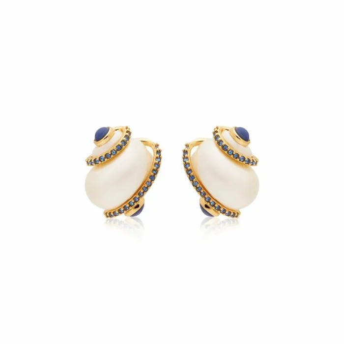 Kenneth Jay Lane Pearl Earrings Women Sapphire Tip Pearl Shell Pierced Earrings