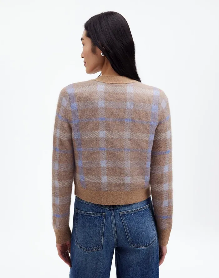 Madewell AlpacaBlend VNeck Cardigan In Plaid Warm Camel Plaid Women Sweaters