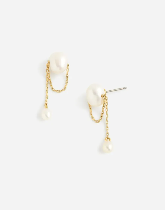 Madewell Freshwater Pearl Dangle Chain Stud Earrings Vintage Gold Women Jewelry